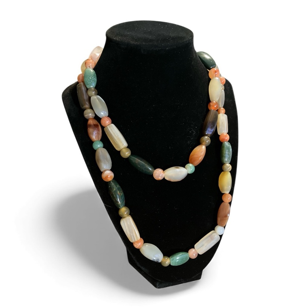 Vintage Stone Bead Necklace 36” Strand Natural Agate Quartz Boho Earthy Chunky